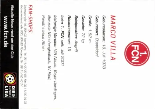 Autogrammkarte Fußballer Marco Villa, 1. FC Nürnberg, Autogramm