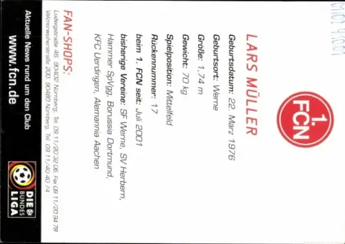 Autogrammkarte Fußballer Lars Müller, 1. FC Nürnberg, Autogramm