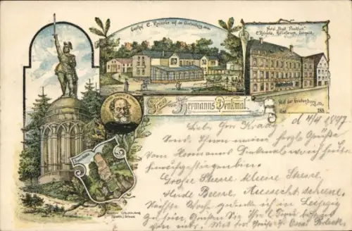 Litho Detmold am Teutoburger Wald, Hermannsdenkmal, Gasthof, Hotel Stadt Frankfurt