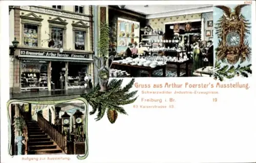 Ak Freiburg im Breisgau, Arthur Foersters Ausstellung, Kaiserstraße 63, Schwarzwalduhr