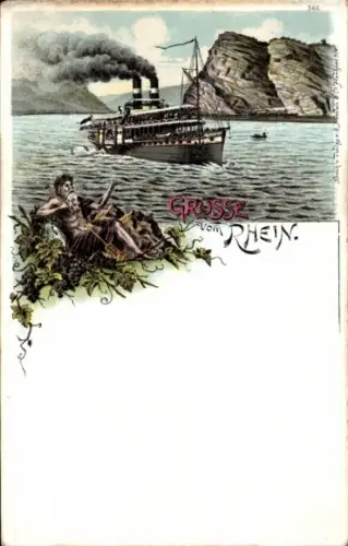 Litho Grüße vom Rhein, Dampfer, Vater Rhein