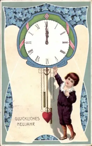 Präge Ak Fröhliches Neujahr, Uhr, Pendel mit Herz, Kind, Vergissmeinnicht