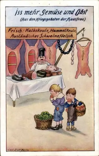 Künstler Ak Carl Diehl, Iss mehr Gemüse und Obst, Aus den Kriegsgeboten der Hausfrau, Markt