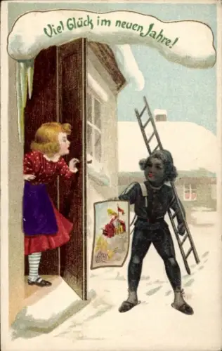 Präge Litho Fröhliches Neujahr, Schornsteinfeger mit Leiter, Frau, Haustür