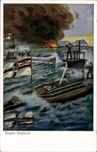 Künstler Ak Gegen England, Deutsches Unterseeboot, U-Boot, Kaiserliche Marine, 1. WK