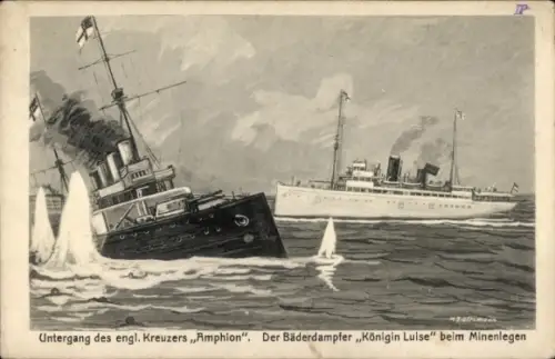 Künstler Ak Untergang des engl. Kreuzers Amphion, Bäderdampfer Königin Luise beim Minenlegen