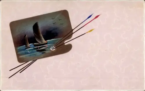 Passepartout Künstler Ak Segelboote, Malerpalette, Pinsel