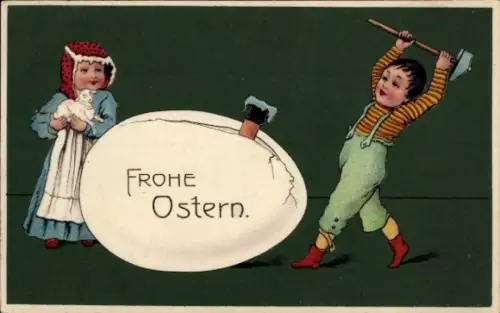 Präge Ak Frohe Ostern, Osterei, Junge mit Hammer, Mädchen mit Lamm