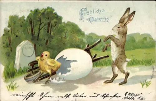 Litho Frohe Ostern, Osterhase, Ei auf Schubkarre, geschlüpftes Küken