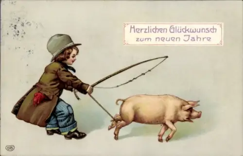 Präge Ak Fröhliches Neujahr, Kind mit Peitsche, Schwein mit festgebundenem Bein