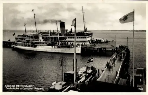 Ak Ostseebad Heringsdorf auf Usedom, Seebrücke, Dampfer Rugard, Dampfer Swinemünde
