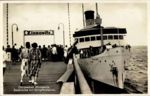 Ak Ostseebad Zinnowitz auf Usedom, Seebrücke mit Dampferstation, Dampfer Rugard