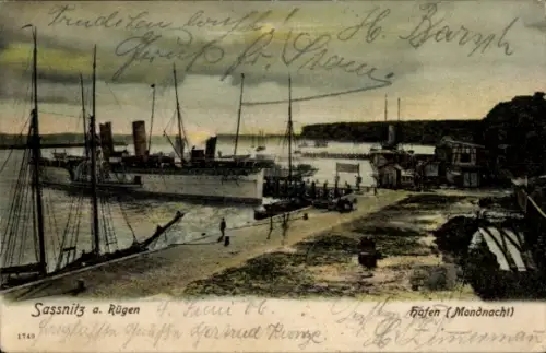 Ak Sassnitz auf Rügen, Hafen, Schiffe, Mondnacht