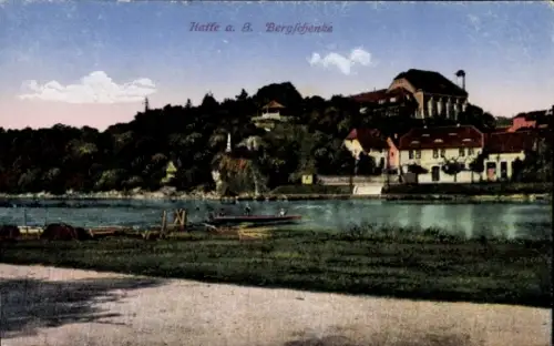 Ak Halle an der Saale, Flusspartie, Bergschenke