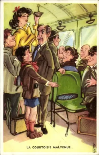 Künstler Ak Busfahrt, La courtoisie Malvenue, Humor