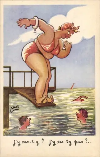 Künstler Ak Dicke Frau in Bikini, Freibad, Sprungbrett, Humor