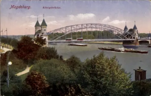 Ak Magdeburg an der Elbe,  Königsbrücke, Straßenbahn, Schiff auf der Elbe