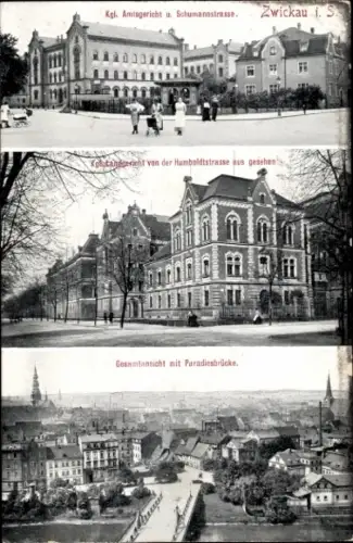 Ak Zwickau Sachsen, Gesamtansicht mit Paradiesbrücke, Amtsgericht u. Schumannstraße, Landgericht