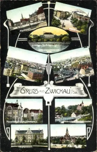 Passepartout Ak Zwickau in Sachsen, Marktplatz, Moritzkirche, Hauptpostamt, Schwanenschloss, Teich