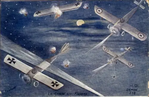 Künstler Ak La Chasse aux Fokkers, Flugzeuge