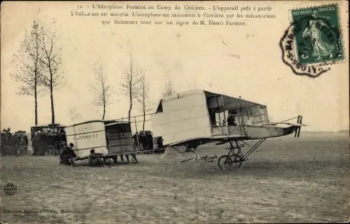 CPA L'Aéroplane Farman au Camp de Châlons, L'appareil prêt à partir