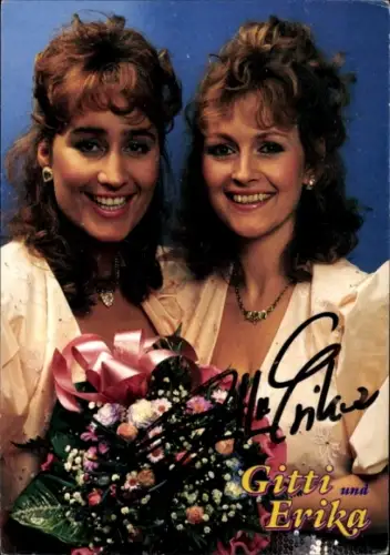 Autogrammkarte Sängerinnen Duo Gitti und Erika, Portrait, Autogramme
