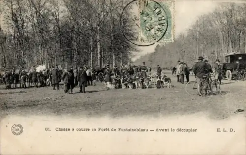 Ak Fontainebleau Seine et Marne, Chasse a courre en Foret, Depart