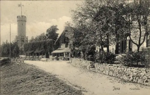 Ak Jena in Thüringen, Turm, Gebäude, Bäume, Straße,  