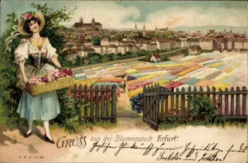 Litho Erfurt in Thüringen, Gesamtansicht, Blumenstadt, Frau mit Blumenkorb