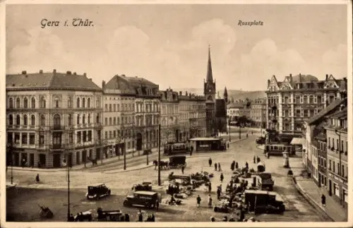 Ak Gera in Thüringen, Panorama von  Rossplatz,  Gebäude, Straßenverkehr, Menschen