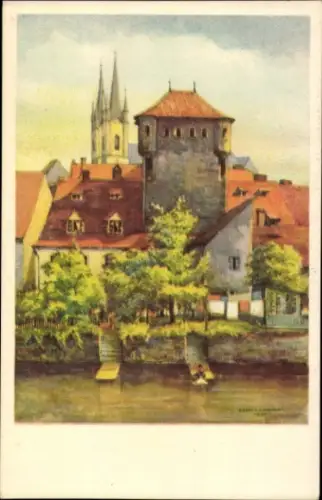 Künstler Ak Cheb Eger Region Karlsbad, Teilansicht, mittelalterlicher Turm