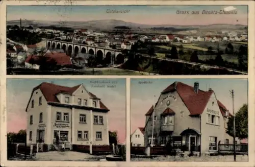 Ak Demitz Thumitz in Sachsen, Totale, Apotheke, Buchbinderei