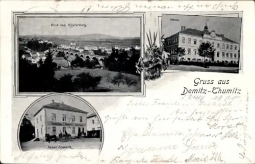 Ak Demitz Thumitz in Sachsen, Ort vom Klosterberg aus gesehen, Schule, Gasthof