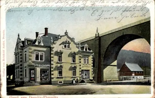 Ak Demitz Thumitz in Sachsen, Geschäft, Brücke