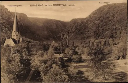 Ak Thale im Harz, Hexentanzplatz, Rosstrappe, Kirche, Bodetal