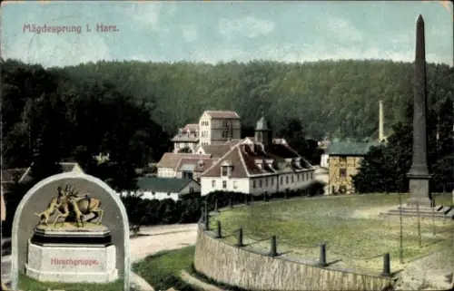 Ak Mägdesprung Harzgerode am Harz, Teilansicht, Statue Hirschgruppe