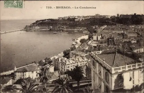 Ak La Condamine Monaco,  La Condamine, Küstenansicht, Schiffe, Palmen