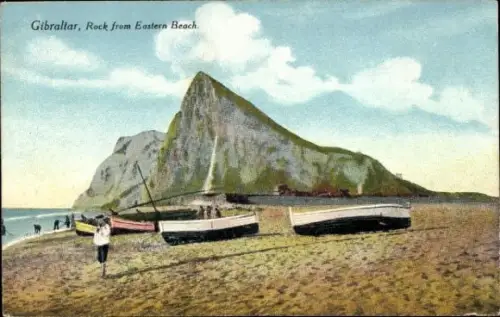 Ak Gibraltar,  Felsen vom Eastern Beach, Boote am Strand, Küstenlandschaft
