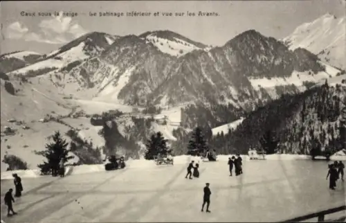 Ak Caux Montreux Kanton Waadt, Eisläufer, schneebedeckte Berge,  Skatingplatz