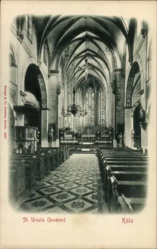 Ak Köln am Rhein, St. Ursula Innenansicht, hohe Gewölbe, Kirchenbänke, Fenster mit Licht