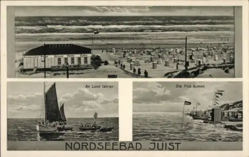 Ak Nordseebad Juist in Ostfriesland, Strand, Strandhalle, Segelboot, Flut, Nordseebad Juist
