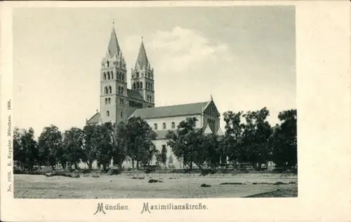 Ak München Maxvorstadt, Maximilianskirche, zwei Türme, Bäume im Vordergrund, 1901