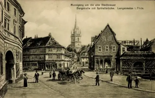 Ak Bad Langensalza in Thüringen, alte Stadtmauer, Bergstraße, Spittelbrücke, Menschen, Pferde