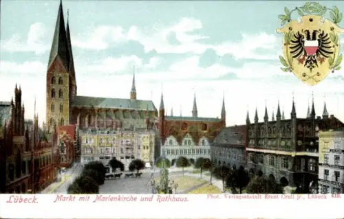 Ak Hansestadt Lübeck, Markt mit Marienkirche, Rathaus,  Architektur