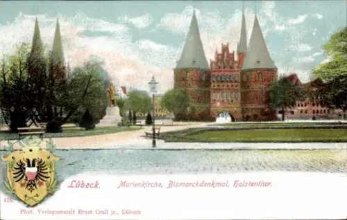 Ak Hansestadt Lübeck, Marienkirche, Bismarckdenkmal, Holstenthor, farbig