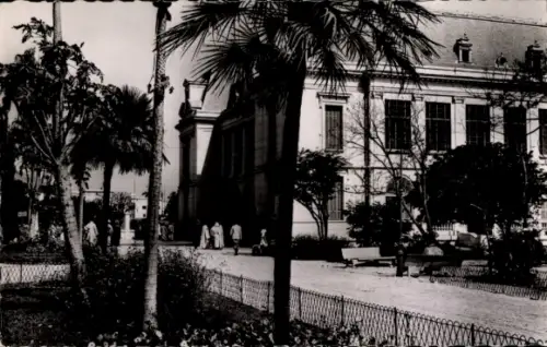 Ak Dakar Senegal, Parkanlage, Palmen, Gebäude, Spaziergänger, Schwarz-Weiß-Foto