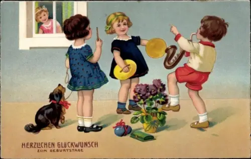 Ak Glückwunsch Geburtstag, Musizierende Kinder, Gratulanten, Hund, Blumen