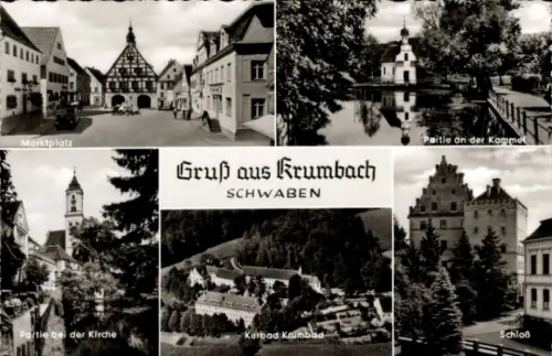 Ak Krumbach in Schwaben, Krumbad, Marktplatz, Gruß aus  Partie an der Komme, Partie bei der Kirch