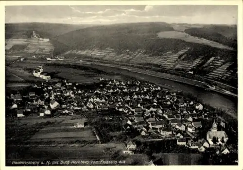 Ak Hassmersheim Haßmersheim am Neckar, Luftaufnahme von  Burg Hornberg, Landschaft