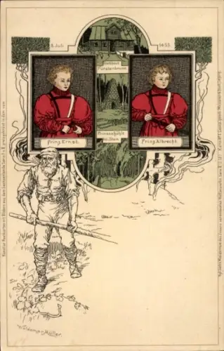 Künstler Ak Müller, Waldemar, Prinz Ernst, Prinz Albrecht, 1455, Prinzenhöhle, Prinzenraub